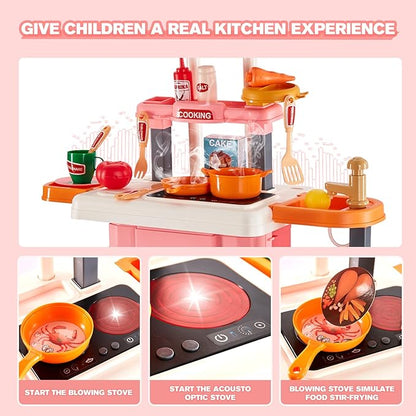 3 in 1 Play Kitchen for Toddlers-GEIYATOI,Kids Kitchen Playset with Travel Suitcase, 50 PCS Toy Kitchen Set,Realistic Cooking Accessories,Sounds,Light,Running Water,Great Kitchen Set for Toddlers