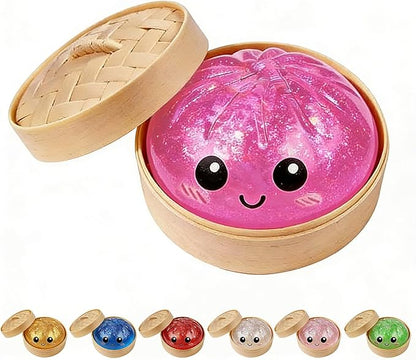 Dumpling Squishies, Glitter Dumpling Mystery Box, Colorful Dumplings Stress Balls Toy, Stocking Stuffers with Food Steamer Stretchy Desk Toys (Glitter Pink)