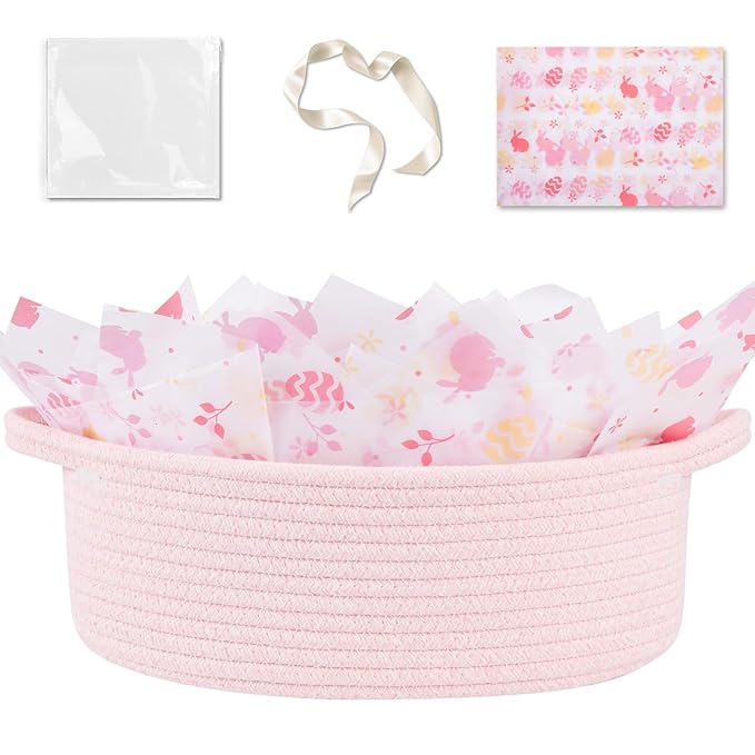 OIAHOMY Gift Basket with Handle, Easter Basket with Gift Bag, Ribbon and Wrap Tissue Paper, Nursery Bins Empty to Fill with Small Items, Baby, Pet Toy Organiser - Easter Pink