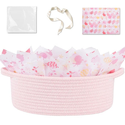 OIAHOMY Gift Basket with Handle, Easter Basket with Gift Bag, Ribbon and Wrap Tissue Paper, Nursery Bins Empty to Fill with Small Items, Baby, Pet Toy Organiser - Easter Pink