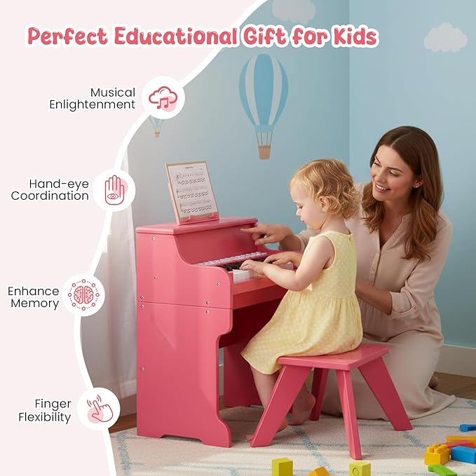 HONEY JOY Wooden Kids Piano, 25 Lighted Keys Kids Keyboard Piano w/Music Stand, Bench, Early Learning Educational Musical Instrument, Baby Music Toy for 3+ Years Old Toddlers Boys Girls (Pink)