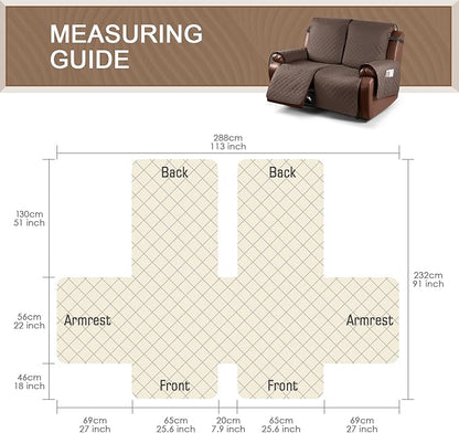 KinCam Loveseat Recliner Covers for 2 Seat, 100% Waterproof Reclining Loveseat Covers, Non-Slip Recliner Cover Furniture Protector with Elastic Straps for Pets, Kids, Brown
