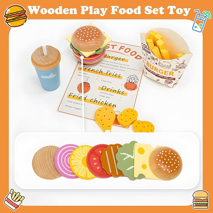 Wooden Play Food Set Toy for Play Kitchen, Toddlers Pretend Play Kitchen Accessories, Wooden Play Fast Food Hamburger, French Fries Set Educational Toys Gift for Kids Boys Girls