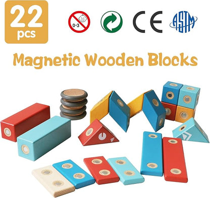 MAGBLOCK Magnetic Wooden Blocks Set, 22 Pieces STEM Travel Creativity Magnet Block Toys for 3 4 5 Year Old Age Girls Boys