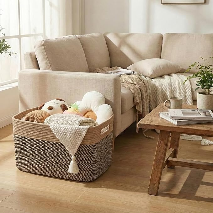 JMvicyroam Woven Blanket Basket,96L Large Storage Bin for Blankets Toys Clothes,Decorative Rope Basket for Living Room Bedroom with Handles, Jute&Black