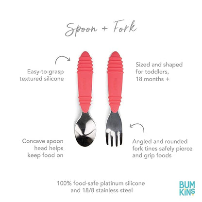 Bumkins Toddler Utensils, Kids Size Fork and Spoon Set, Silicone and Stainless-Steel Training Silverware, Angled Forks / Sporks for Self-Feeding, Children Hold Learning to Eat, 18 Months Up, Red