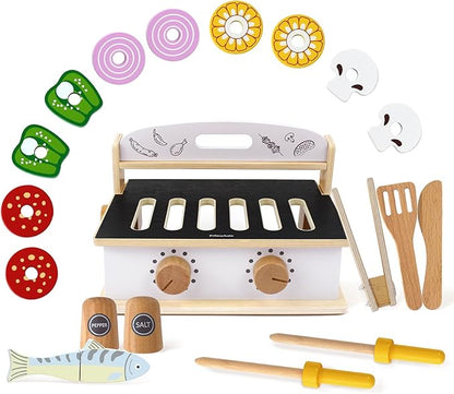 Children's Wooden Foldable Portable BBQ Mini Kitchen & Grill Toy,2In1 Kids Toy Grill Stove and Tablekitchen Cooking Set with Accessories for Toddlers Boys Girls Age 3+