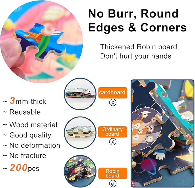 200 PCS Wooden Kids Puzzles for Boys Girls Jigsaw Puzzles for Kids Toddlers Children Teens Adult Age 5+ Toys Gifts for 5-15 Years Old Floor Puzzle Iron Box Storage (Space)