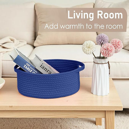 JMvicyroam Woven Basket,Small Rope Storage Bin with Handles & Ribbon Bag, Organizer for Shelves Closets,Gift Basket Empty for Birthday,Books,Dog Toys, Navy Blue/2 Pack
