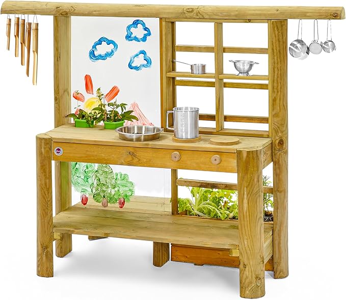 Plum Discovery Mud Pie Kitchen for Kids Outdoor Toys - Play Toy Kitchen with Accessories, Wooden Kids Kitchen Playset, with Built-in Gardening Planter and Painting Easel for Kids Age 3+