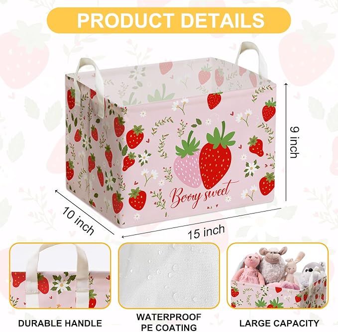 Strawberry Foldable Storage Box, Strawberries Waterproof Fabric Toy Organizer Box for Boys Girls, Strawberries Storage Boxes for Nursery Room, Strawberry Gifts Basket, Storage Basket for Room Decor