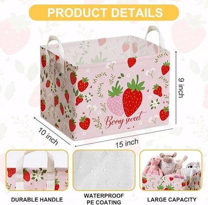 Strawberry Foldable Storage Box, Strawberries Waterproof Fabric Toy Organizer Box for Boys Girls, Strawberries Storage Boxes for Nursery Room, Strawberry Gifts Basket, Storage Basket for Room Decor