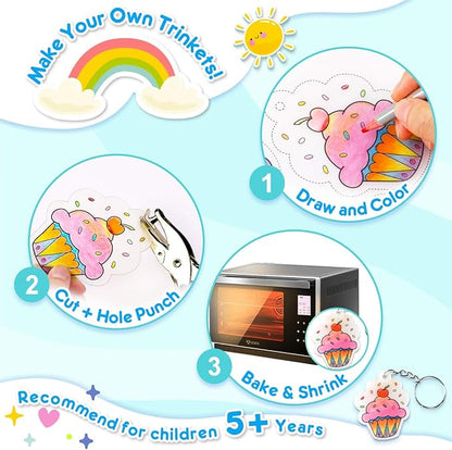 Mocoosy Shrink Plastic Kit for Shrinky Dinks, 148PCS Heat Shrinky Art Sheets for Kids, Clear Frosted Shrink Paper Include Shrinkable Films & DIY Keychain Earring Making Accessories Craft Activity Set