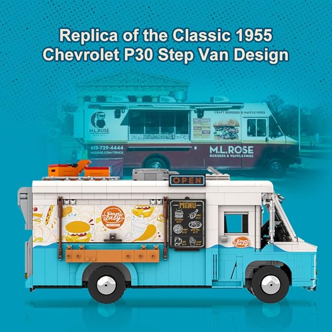 Nostalgic Food Truck Building Set-Camper Vehicles Construction Building Bricks Set Retro Chevrolet P30 Step Van Building Kit for Teens and Adults,Collection Model Building Blocks Set Toys