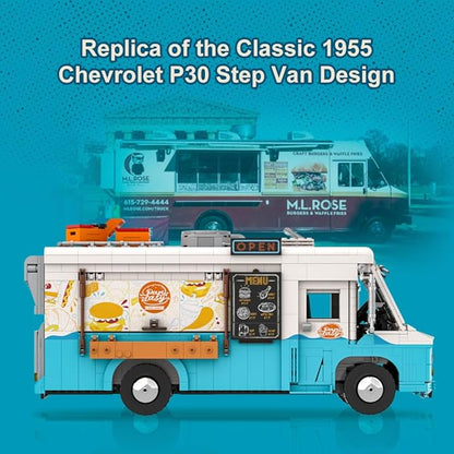 Nostalgic Food Truck Building Set-Camper Vehicles Construction Building Bricks Set Retro Chevrolet P30 Step Van Building Kit for Teens and Adults,Collection Model Building Blocks Set Toys