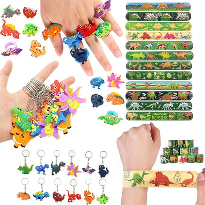 MOVINPE Dinosaur Party Favors 12 Pack 84 pcs Prefilled Goody Bags with Gift Tags, Filled with Dinosaur Themed Stampers Luminous Dinos Figure Slap Bracelets Keychains Rings 3D Stickers for Kids