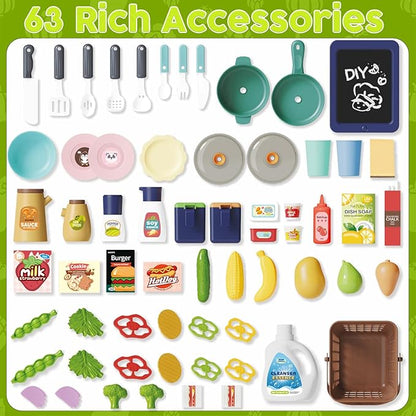 Kids Kitchen Playset, Pretend Kitchen Toys for Toddlers with 63 Pcs Toy Kitchen Accessories, Realistic Lights & Sounds, Spray, Play Sink, and Play Food - Kitchen Set for Girls Boys Aged 3 4 5+ (Green)