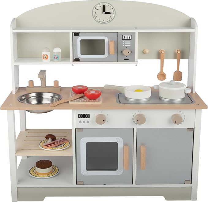 Hey! Play! Kids Kitchen Playset - Play Kitchen with Toy Microwave, Sink, Stovetop, Roaster, Utensils and Play Food - Wooden Play Kitchen for Toddlers