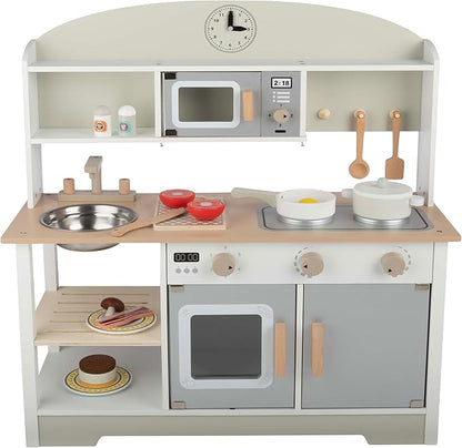 Hey! Play! Kids Kitchen Playset - Play Kitchen with Toy Microwave, Sink, Stovetop, Roaster, Utensils and Play Food - Wooden Play Kitchen for Toddlers