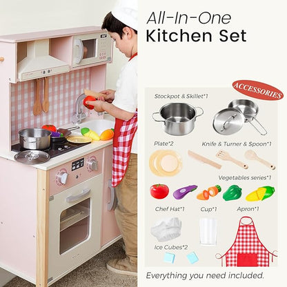 Tiny Land Kids Kitchen Playset, Height Adjustable Wooden Play Kitchen Set w/Real Lights & Sounds, 18 Pcs Toy Food & Cookware Accessories, Ideal Role Play Toy Gift for Toddlers Girls Ages 3-8, Pink