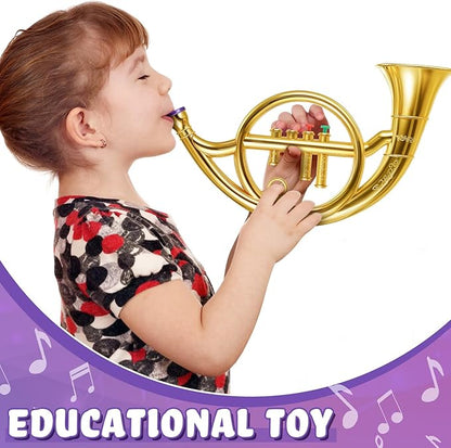 Lewtemi Gold Horn Musical Instruments Toy for Kid Toddler Fake Plastic Preschool Music Toy Gift Portable Wind Instrument Early Educational Teaching Songs Gifts for Toddlers Children