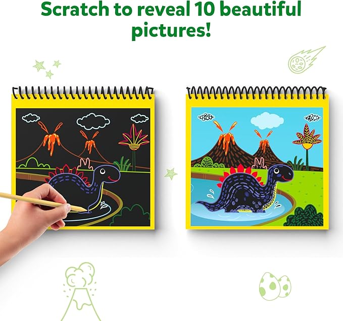 Skillmatics Magical Scratch Art Book for Kids - Dinosaurs, Craft Kits & Supplies, DIY Activity & Stickers, Gifts for Toddlers, Girls & Boys Ages 3, 4, 5, 6, 7, 8, Travel Toys