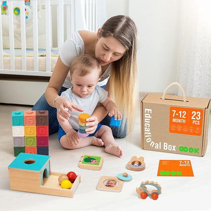 TOOKYLAND Montessori Toys for Babies 6-12 Months, 7 in 1 Learning Educational Set Wooden Toys (Includes Baby Rattle, Object Permanence Box, Wooden Book, Teething Toy and More)