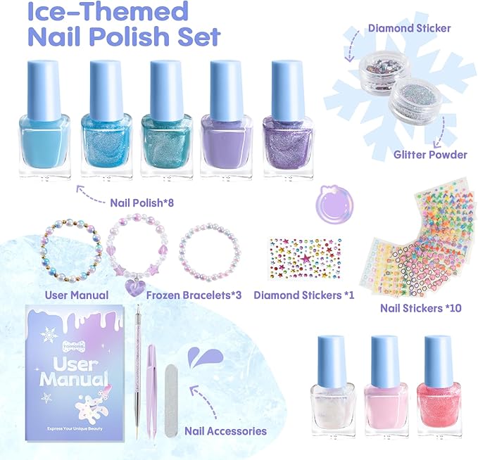 Tomons Kids Nail Polish Set for Girls, Non Toxic Nail Polish Art Kit for Kids Ages 7-12, Frozen Toys Gifts for 8 9 10 11 12 Girl, Bracelets, Glitter, Sequins, Stickers - 8 Colors
