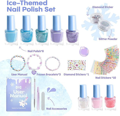 Tomons Kids Nail Polish Set for Girls, Non Toxic Nail Polish Art Kit for Kids Ages 7-12, Frozen Toys Gifts for 8 9 10 11 12 Girl, Bracelets, Glitter, Sequins, Stickers - 8 Colors