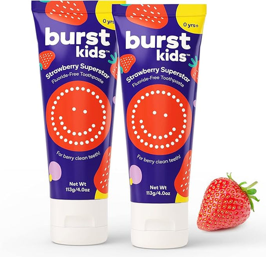 BURST Fluoride Free Strawberry Kids Toothpaste (4oz/2 Pack) | Great Tasting, Dye Free for Baby & Toddler Age 0+ | with Nano Hydroxyapatite