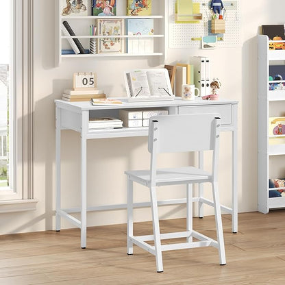 Kids Desk and Chair Set, Student Writing Desk, Kids Study Desk with Book Sorter and Fabric Drawer, Kids Wooden Study Table, for Study, Kids Room, Bedroom, White KDBW11901N1
