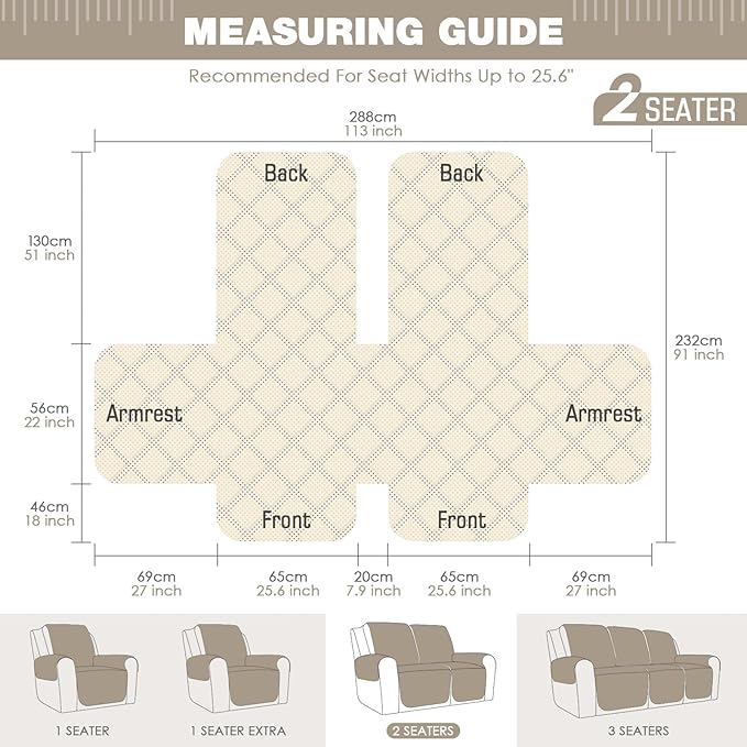 TAOCOCO Loveseat Recliner Cover Non-Slip Sofa Slipcover, Pet Cover for Loveseat Recliner with Elastic Straps, Washable Reclining Loveseat Cover Recliner Furniture Protector (2 Seater, Sand)
