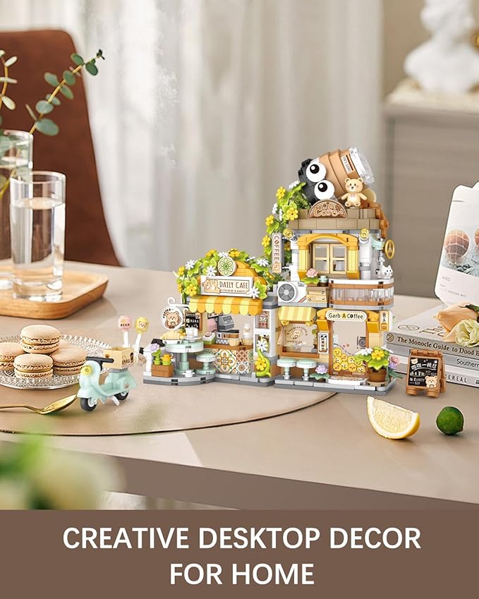 City Street View Bear Coffee Shop Building Blocks Set, MOC Creative Bear Animal Theme House, Simulation Architecture Construction Toy, Gifts Idea for Kids Adults (Mini Blocks 1077 pcs)