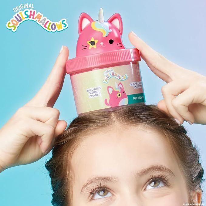 Original Squishmallows Sienna the Caticorn Premium Cloud Slime, Sugar Cookie-Scented, 8 oz., Storage Container with Figurine Topper, Rubber Charm, Goodie Bags Stuffers, Kids Party Favors, Sensory Toys