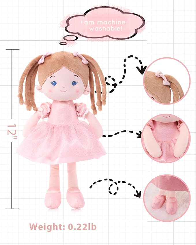 LeyaDoll Soft Baby Doll Toys (12''), My First Baby Rag Doll for 1 Year-Old Girl Birthday Gift, Christmas Plush Toys Gift for Toddler Kids Infants-Halloween Special-Princess Coral-Light-Pink