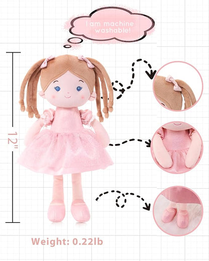 LeyaDoll Soft Baby Doll Toys (12''), My First Baby Rag Doll for 1 Year-Old Girl Birthday Gift, Christmas Plush Toys Gift for Toddler Kids Infants-Halloween Special-Princess Coral-Light-Pink