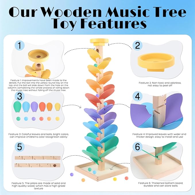 Wooden Marble Run for Kids 4-8 Boys Girls Toys Music Tree Wood Toddlers Marble Ball Run Game Leaves Toys for 3-5 Years Old Learning Montessori Color Sorting Toys Birthday Gift