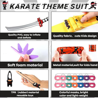 ZOIIWA 72Pcs Karate Party Favors Include Inflatable Sword Headbands Colorful Karate Party Decorations Karate Slap Bracelets Eye Mask Costume Accessories Gift Set for Kids Boys Girls Birthday Supplies