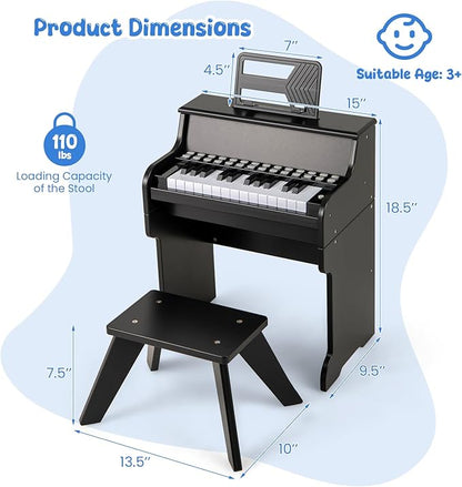 HONEY JOY Wooden Kids Piano, 25 Lighted Keys Kids Keyboard Piano w/Music Stand, Bench, Early Learning Educational Musical Instrument, Baby Music Toy for 3+ Years Old Toddlers Boys Girls (Black)