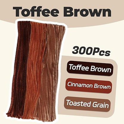 Toffee Brown Color Trio Pipe Cleaner Set - 300pcs, Thick Fluffy Chenille Stems for Arts & Crafts, Perfect for Making Animals, Flowers, and Festive Decorations(12 inches x 0.24 inches)