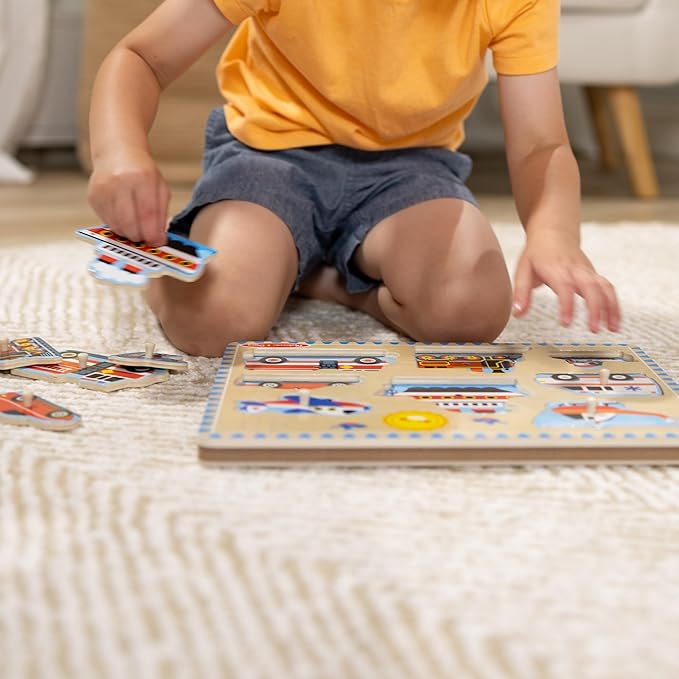Melissa & Doug Vehicles Sound Puzzle - Wooden Peg Puzzle With Light-Activated Sound Effects (8 pcs) Puzzles for Toddlers, Wooden Puzzles For Kids Ages 2+