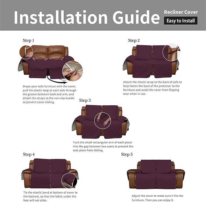 Easy-Going Loveseat Recliner Cover, Reversible Couch Cover for Double Recliner, Split Sofa Cover for Each Seat, Furniture Protector with Elastic Straps for Kids, Dogs, Pets(2 Seater, Wine/Beige)