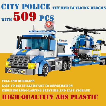 City Police Car, Motorcycle,Truck and Trailer&Helicopter Building Block Sets(509pcs),Police Chase Toy Set,Gift for Kids and audlts
