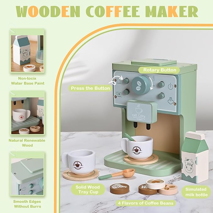 Kids Wooden Coffee Maker Toy Montessori Pretend Play Food Kitchen Accessories,Play Coffee Maker Set for Kids,Espresso Machine Playset Montessori Kitchen Toy for 3 4 5 Year Old Girls&Boys(14 Pcs)