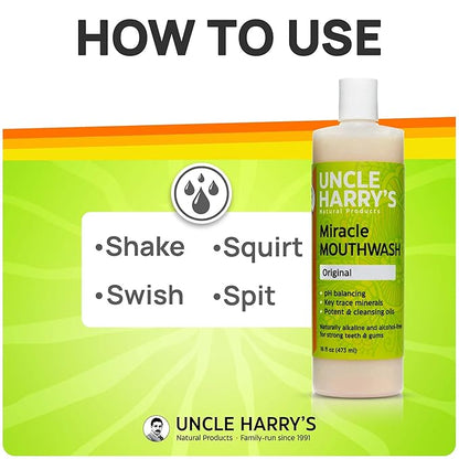 Uncle Harry's Natural Alkalizing Miracle Mouthwash | Adult & Kids Mouthwash for Bad Breath | pH Balanced Oral Care Mouth Wash & Mouth Rinse (16 fl oz)