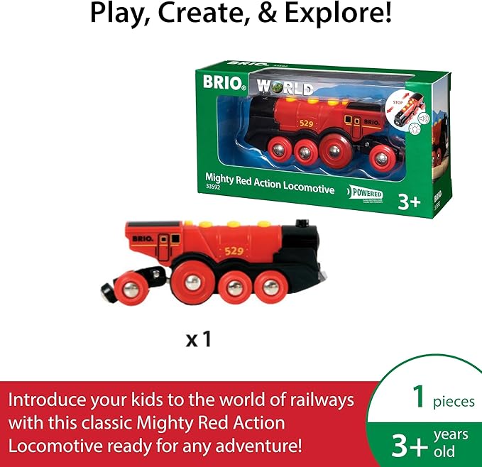 BRIO World Mighty Red Action Locomotive - Battery-operated Toy Train for Wooden Track - Motorized Train with Light & Sound - Compatible with All BRIO Railway Sets - Interactive Play - Kids Ages 3 & Up