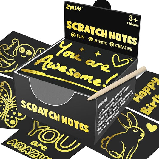 ZMLM Rainbow Scratch Art Paper Mini Note for Kids Gifts Ages 4-8 Bulk Craft Supplies for Teen Girls Boys Easter Basket Stuffers Birthday Classroom Party Games Toy Valentines Day Gift(Gold)