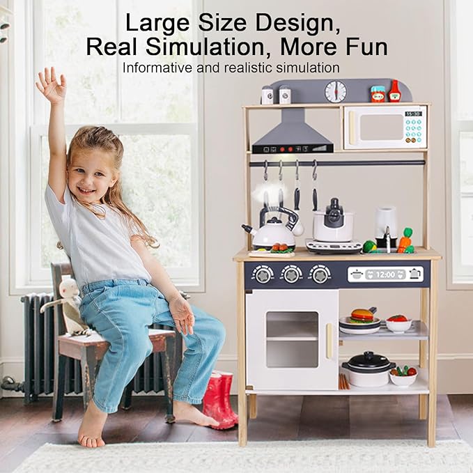 BESTATMTOY Kitchen for Kids, Wooden Kids Play Kitchen Playset Chef Pretend Play Set for Toddlers with Real Lights & Sounds, Toys Kitchen with Toy Food & Cookware Accessories