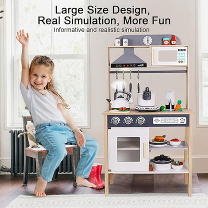 BESTATMTOY Kitchen for Kids, Wooden Kids Play Kitchen Playset Chef Pretend Play Set for Toddlers with Real Lights & Sounds, Toys Kitchen with Toy Food & Cookware Accessories