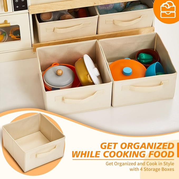 Play Kitchen for Kids, Wooden Play Kitchen with Fabric Storage Bins, Sink and Burner, Microwave Oven, Toy Kitchen Set with Plenty of Play Features Accessories, Gifts for Ages 3-8